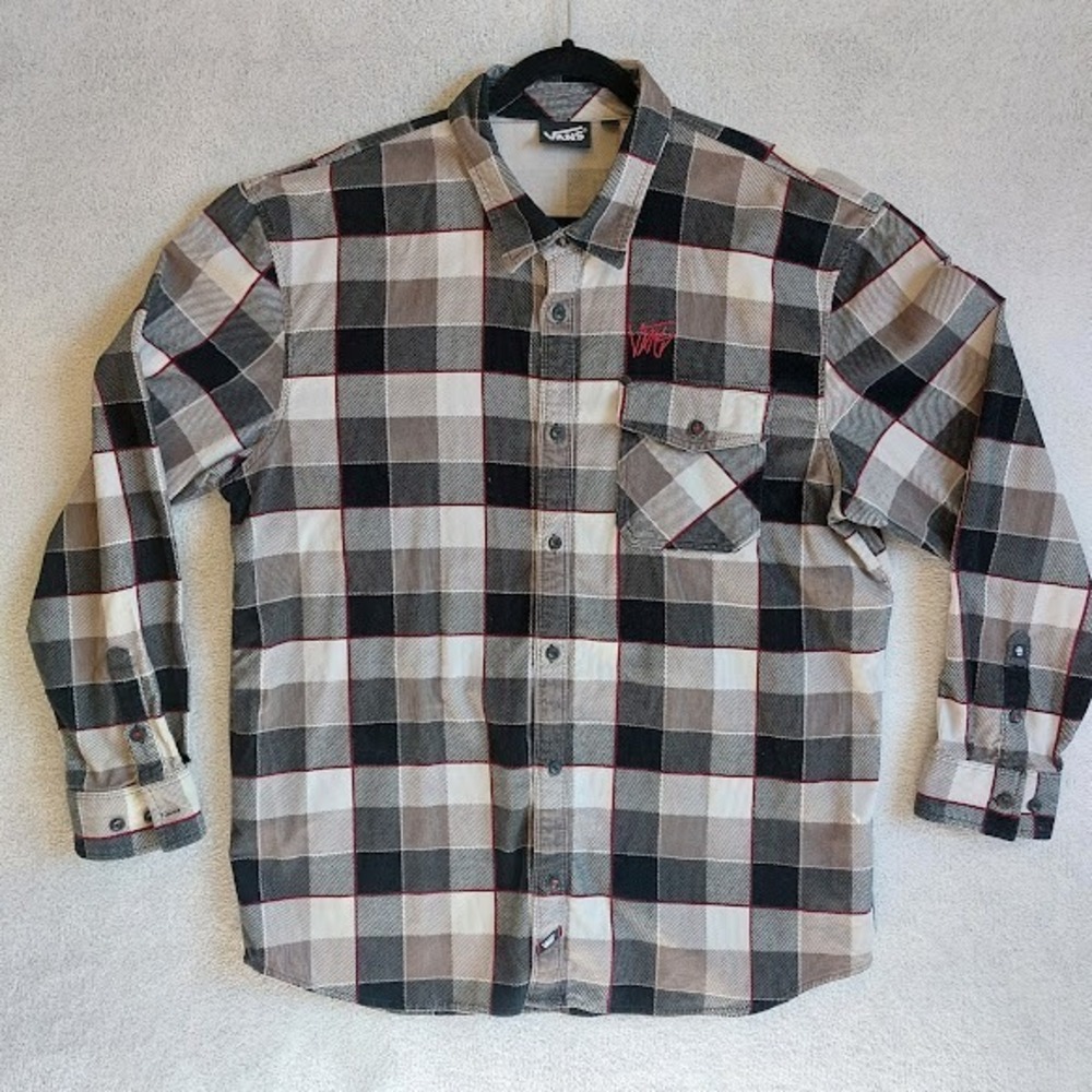 Vans Men's Black Gray Plaid Button-Up Shirt